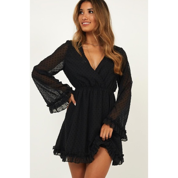 Showpo. Dresses & Skirts - SHOWPO Stay Forever Dress in Black Long Sleeve Swiss Dot V-Neck NWT Size 2